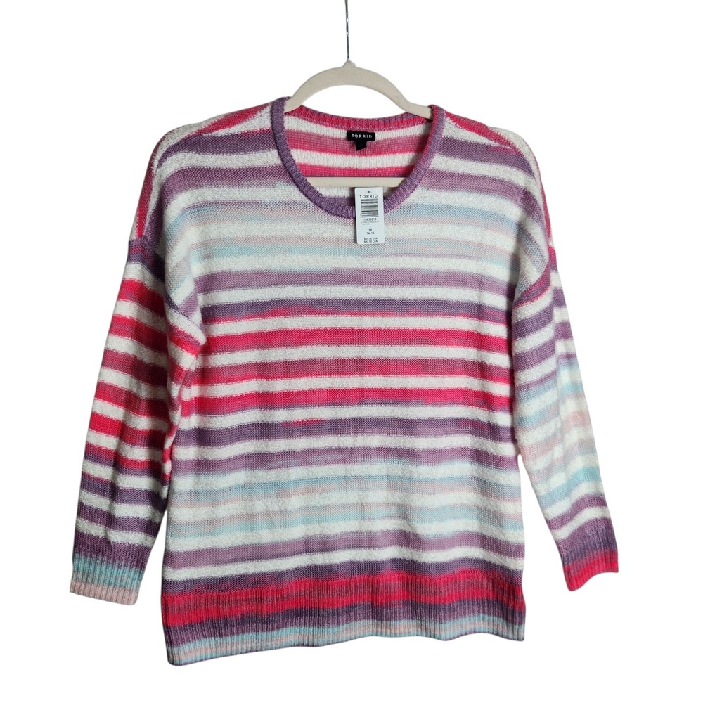 Torrid Womens Pink Purple Striped Crew Neck Long Sleeve Sweater 1X 14-16
